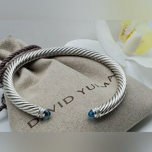 David Yurman Cable Classic Sterling Silver Blue Topaz Diamond 5mm Cuff Bracelet